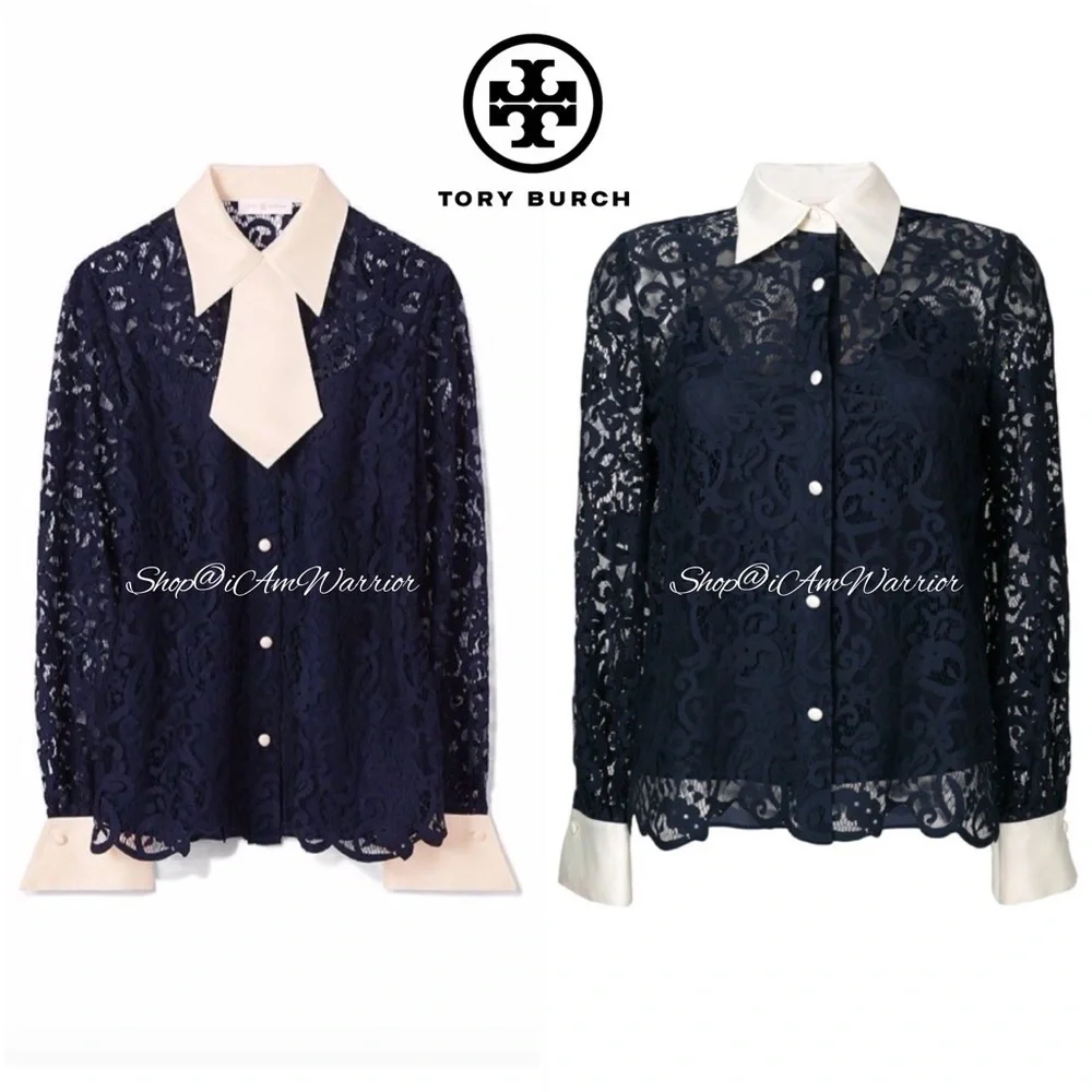 Tory Burch NWT navy lace blouse w/ ivory cuffs & collar with removable neck tie